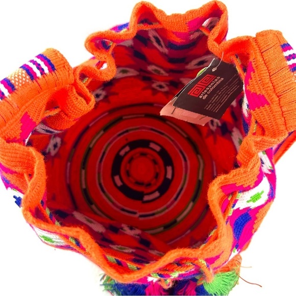 Wayuu Mochila Colombian Handbag Bucket Style Gaza Palete Bright Orange Brand New - Picture 11 of 16